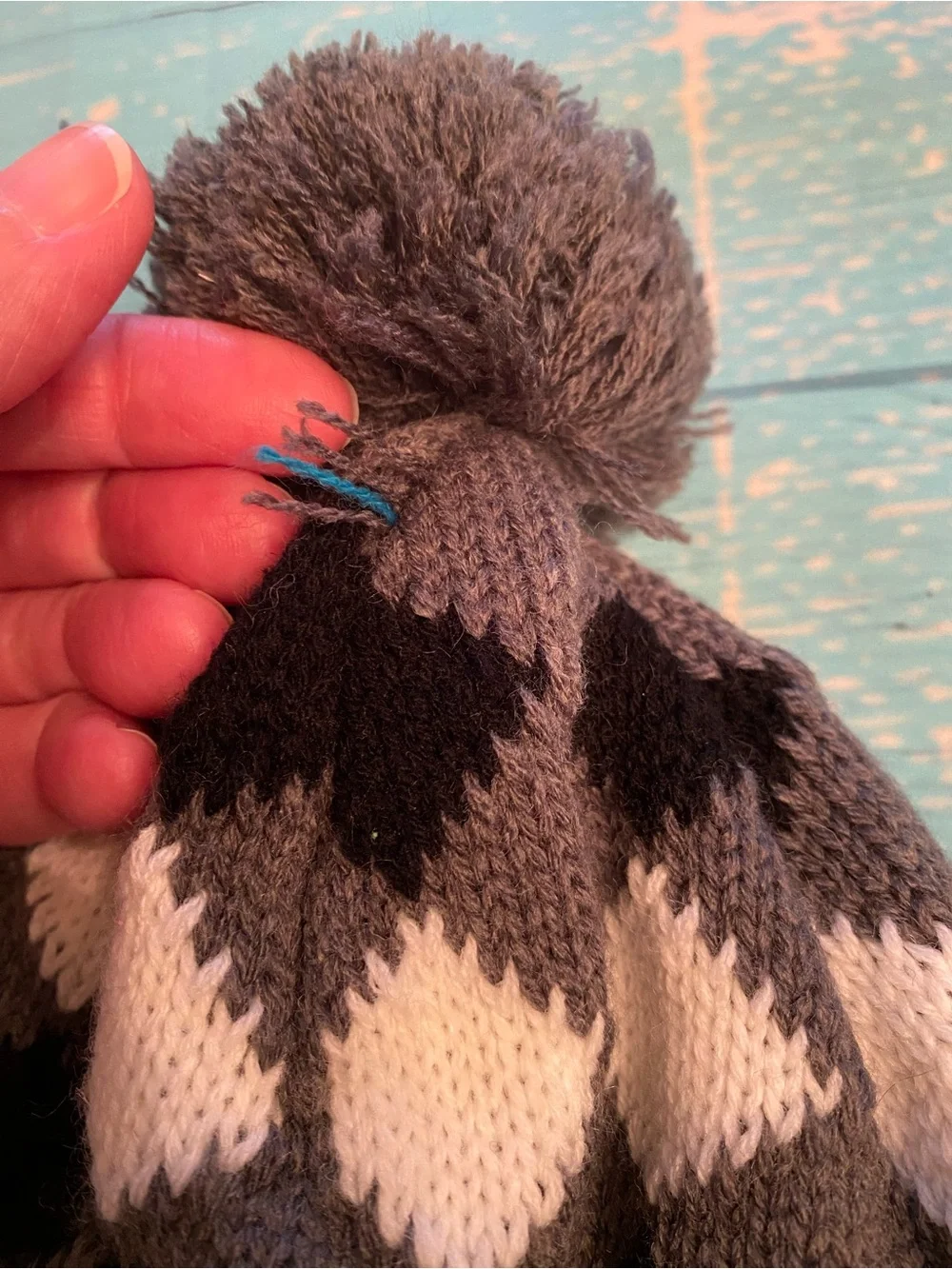 Gray, Black, White, Pom-Pom Earflap Hat